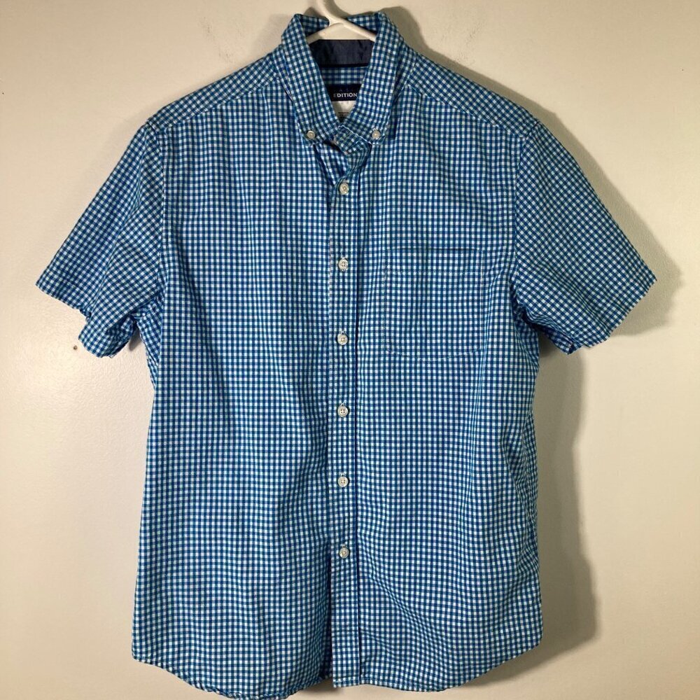 Mens Basic Editions Short Sleeve Button Gingham Shirt Blue White‎ Cotton M